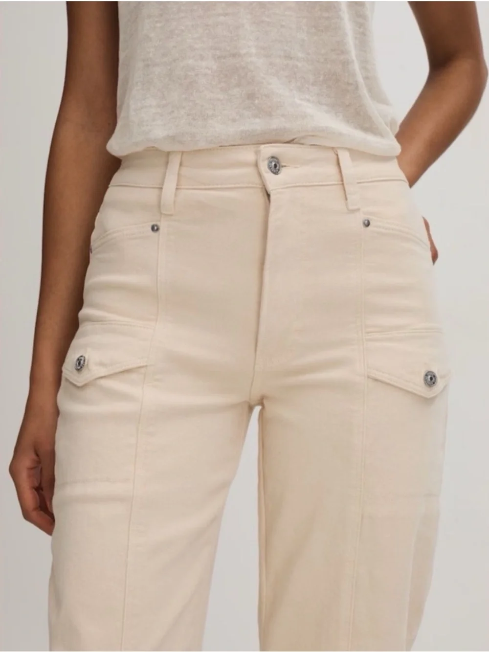Paige ALEXIS High Waist Ankle Barrel Cargo Jeans Blonde Sand Sz 28